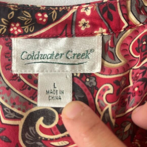VTG Coldwater creek Womens BLouse Red‎ Large Paisley 100% Silk Vneck Ruffle Boho - Picture 4 of 10